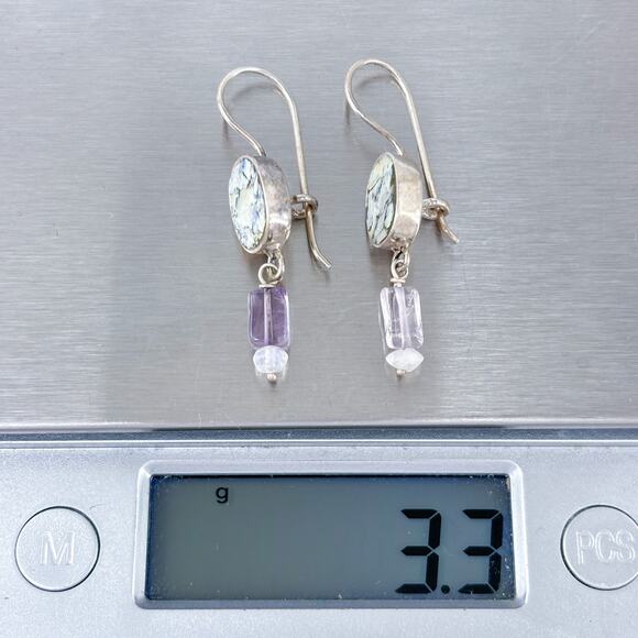 Estate Sterling Silver 925 Mosaic Glass Amethyst Quartz Earrings - Picture 7 of 7
